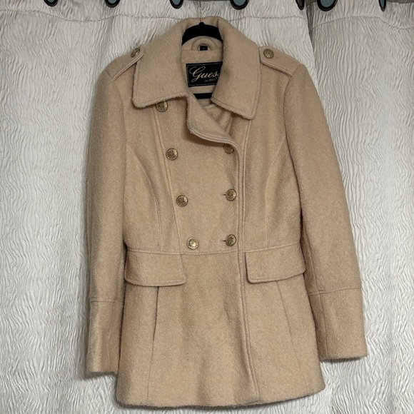 Guess Jackets & Blazers - GUESS Womens Beige Wool Blend Double Breasted Button-Up Lined  Coat- Size Medium